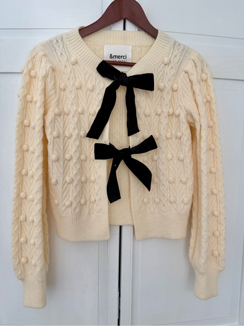 Cream Knit Cardigan with Black Velvet Bows